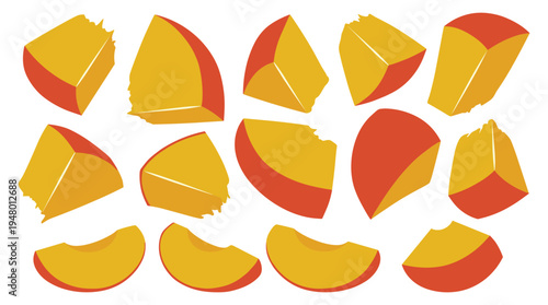Pieces of mango and peaches fruit scattered on a clear background