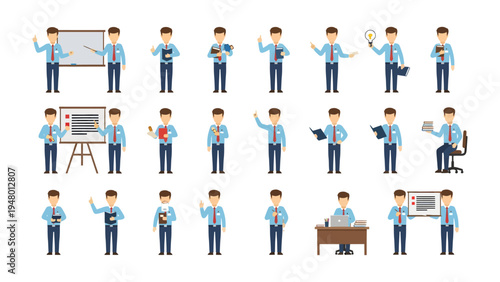 Business Poses Illustration: A collection of various business character poses, highlighting different actions and gestures in a dynamic and diverse illustration.