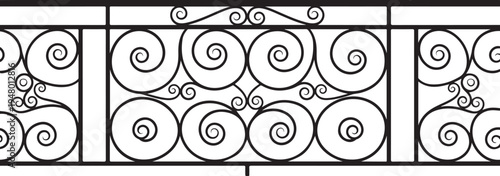 Ornate ironwork border, decorative metal scrolls, black line art, vector ornamental panel