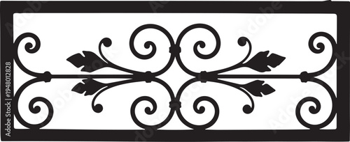 Black iron decorative border, wrought metal scrollwork design, floral pattern, ornate frame