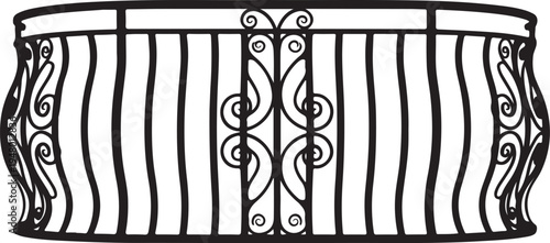 Black metal gate, ornate fence, decorative railing, wrought iron design