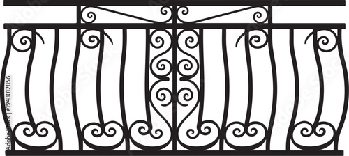 Black wrought iron railing, decorative metal fence, ornate scrollwork design, balustrade pattern