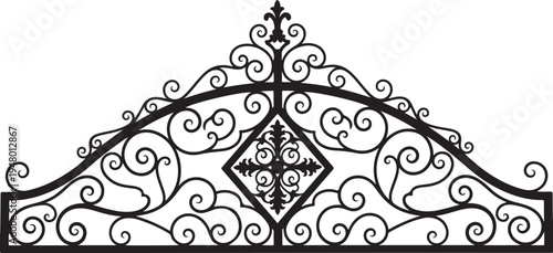 Ornate ironwork design, wrought iron decorative piece, metal scrollwork pattern, architectural ornament