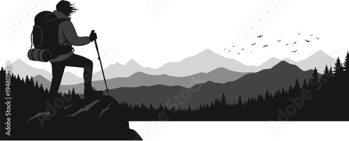 A solitary hiker standing on a rocky cliff edge overlooking a vast mountain range at sunrise time isolated on transparent background, Vector