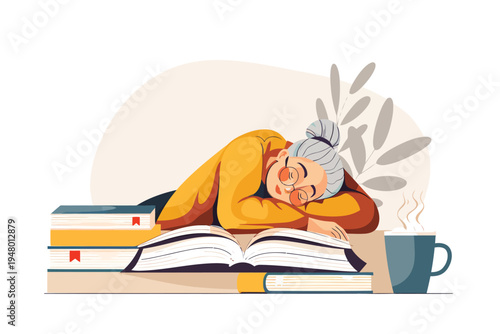 op view of tired old woman sleeping near open books w isolated vector style