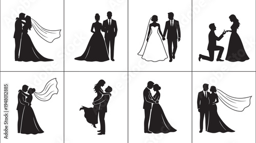 Romantic wedding couple silhouettes collection showing bride groom love proposal kiss marriage ceremony elegant vector