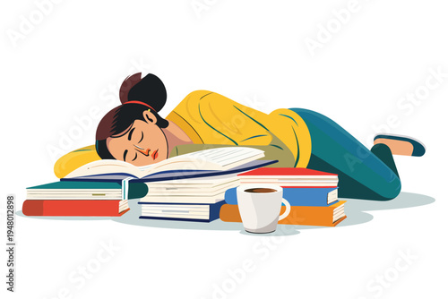 op view of tired woman sleeping near open books with isolated vector style