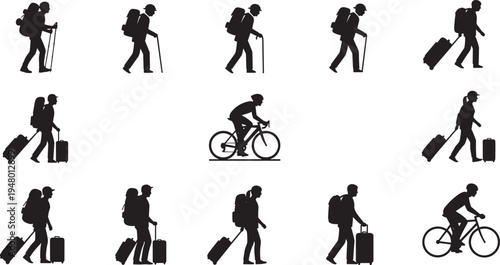 Traveler hiking and cycling silhouettes set with backpack walking stick luggage adventure tourism outdoor activity icons