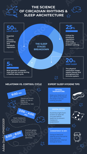 Insomnia Infographic. Expert sleep hygiene tips and circadian rhythm. Data template, text and Pie Chart. Vertical vector illustration with rest stages breakdown and lifestyle doodle icons on Dark.