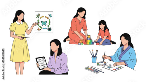 Diverse Moments of Learning and Creativity: A collection of scenes showcasing diverse activities, with adults and children exploring education, play, and artistic expression. 