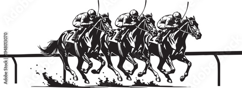 A detailed black and white illustration of three jockeys racing horses on a track at full speed isolated on transparent background, Vector
