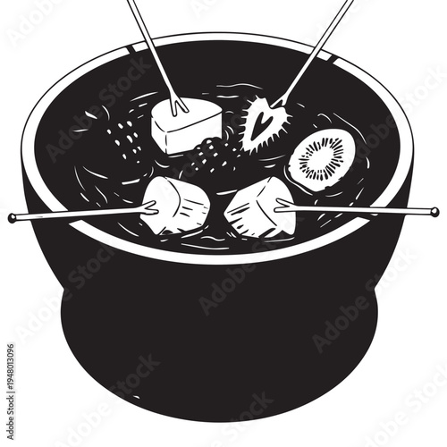 Artistic illustration of a simmering hot chocolate with marshmallows on skewers in a pot.