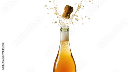 Slika na platnu Isolated sparkling wine bottle popping open with cork flying and golden liquid s