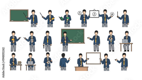 Animated Educator's Actions: A collection of illustrations depicting an educator in various poses, from presenting lessons to engaging with students. It is perfect for educational materials.