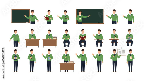 Diverse Teacher Poses: A comprehensive set of illustrations depicting a male teacher in various poses, gestures, and actions within a classroom setting, perfect for educational and illustrative use.
