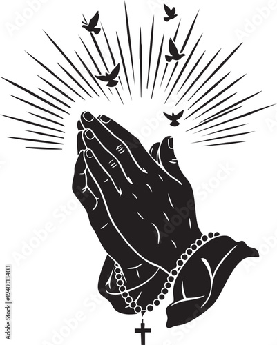 A black and white illustration of praying hands with a rosary and doves flying in the background isolated on transparent background, Vector