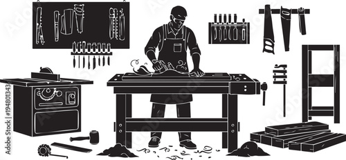 A detailed black and white silhouette illustration of a professional carpenter in his workshop isolated on transparent background, Vector