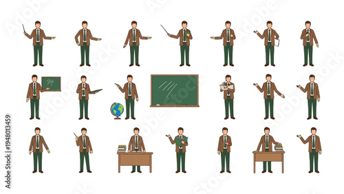 Teacher's Instructional Moments: A series of illustrations capturing a teacher in various poses, actively engaging and guiding with a globe, blackboard, and desk, ideal for educational concepts.
