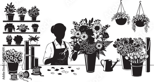 A silhouette illustration of a florist arranging a beautiful bouquet in a cozy flower shop studio isolated on transparent background, Vector