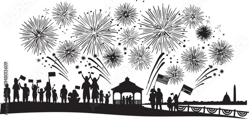 A black and white silhouette illustration of a patriotic holiday celebration with fireworks display isolated on transparent background, Vector