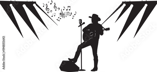 A silhouette of a country singer performing on stage with a guitar and floating musical notes isolated on transparent background, Vector