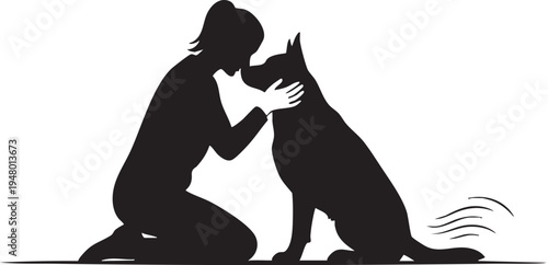 A black silhouette illustration showing a woman kneeling and showing affection to her loyal dog isolated on transparent background, Vector