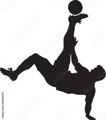 A silhouette of a professional football player performing an acrobatic bicycle kick in the air isolated on transparent background, Vector