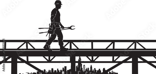 A black silhouette of a construction worker walking across a steel bridge beam above a city scape isolated on transparent background, Vector