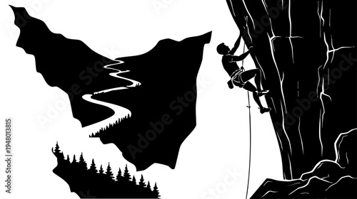 A high contrast black and white graphic illustration of a person rock climbing on a steep cliff isolated on transparent background, Vector