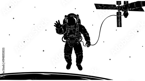 A black and white vector illustration of an astronaut floating in space near a satellite station isolated on transparent background, Vector