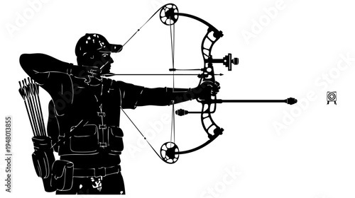 A black and white silhouette graphic of an archer aiming a modern compound bow at a small target isolated on transparent background, Vector