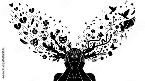 A conceptual black and white illustration of a person experiencing a turbulent mental explosion isolated on transparent background, Vector