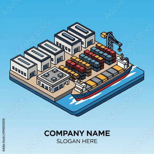 Isometric illustration of a cargo ship docked at a port with warehouses and containers, set against a blue gradient background.