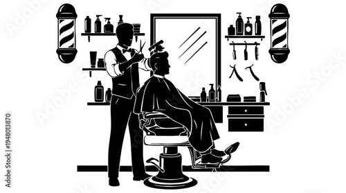 A professional barber giving a haircut to a client in a classic vintage style barbershop setting isolated on transparent background, Vector