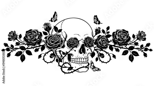 A detailed black and white illustration of a human skull surrounded by blooming rose flowers isolated on transparent background, Vector