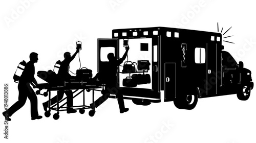A silhouette illustration showing emergency medical responders loading a patient into an ambulance isolated on transparent background, Vector