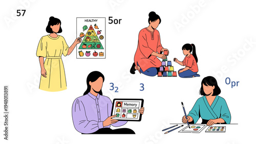 Healthy Lifestyle: A woman demonstrates a healthy eating guide, others engaged in creative and educational activities, emphasizing a focus on well-being and mindful living.