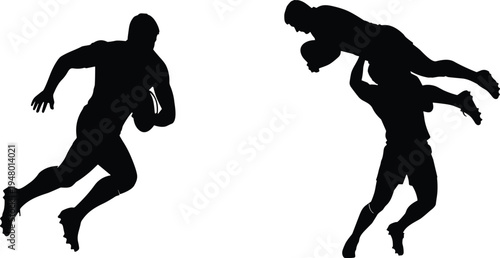 Dynamic rugby silhouette illustration featuring players running, lifting teammates, and holding ball, symbolizing teamwork, strength, athletic competition, and sports celebration.