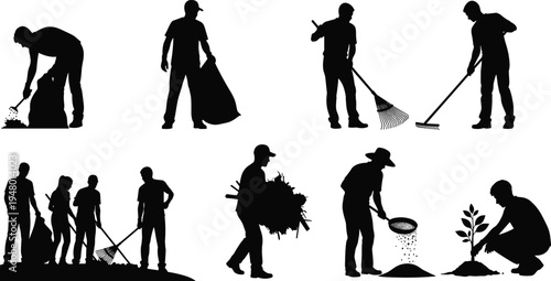 Silhouette vector illustration showing people planting, raking, and collecting waste, symbolizing teamwork, sustainability, outdoor care, and environmental responsibility.