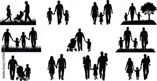 Family silhouette illustration showing parents and children walking, standing, and with strollers, symbolizing parenting, caregiving, bonds, outdoor lifestyle, and togetherness.