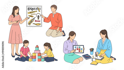 Educational Moments: A captivating depiction of various learning environments, showcasing interactions between educators and children, fostering growth and curiosity.