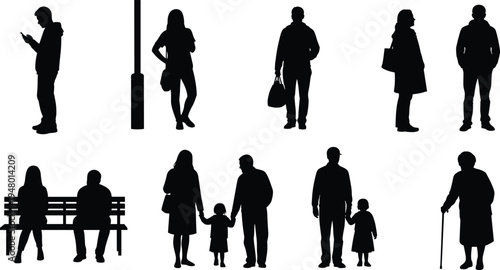 Silhouette illustration showing diverse people in daily life, including families, children, and elderly, symbolizing lifestyle, community, society, and human interaction.