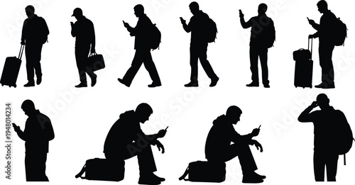 Traveler silhouette illustration showing people with luggage and backpacks using mobile phones, symbolizing modern travel, technology, mobility, and transit lifestyle.