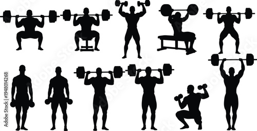 Weightlifting silhouette illustration showing athletes performing squats, presses, curls, and bench exercises, symbolizing bodybuilding, strength training, fitness, and gym workout.