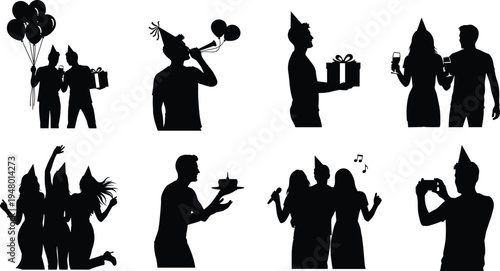 arty celebration silhouette illustration showing people with balloons, gifts, cake, music, and drinks, symbolizing joy, festivity, dancing, friendship, and social interaction.