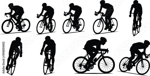 Cycling silhouette illustration showing road cyclists in dynamic racing positions, symbolizing speed, training, competition, fitness, motion, and aerodynamic posture.