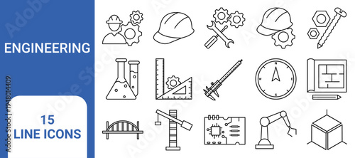 Engineering Line Icon Set – Tools, Safety Helmet, Caliper, Blueprint, Bridge, Crane, Robotics Icons