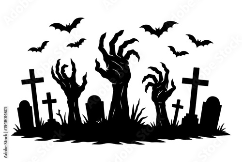 Silhouette graveyard scene of undead hands clawing out from graves among crooked tombstones and crosses as bats fly overhead, a spooky Halloween horror image with eerie night dread