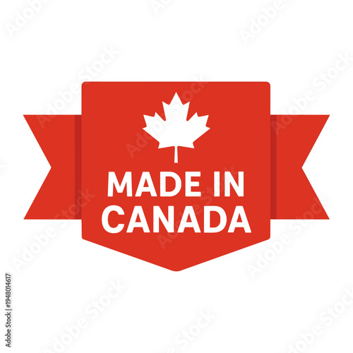Red badge label featuring a white maple leaf emblem and bold 'Made in Canada' text on a ribbon-style seal, symbolizing Canadian origin, manufacturing, and quality assurance.