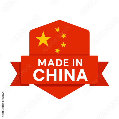 Red hexagonal badge and ribbon graphic featuring yellow Chinese flag stars and bold 'Made in China' text, a product origin label indicating manufacturing, export and branding